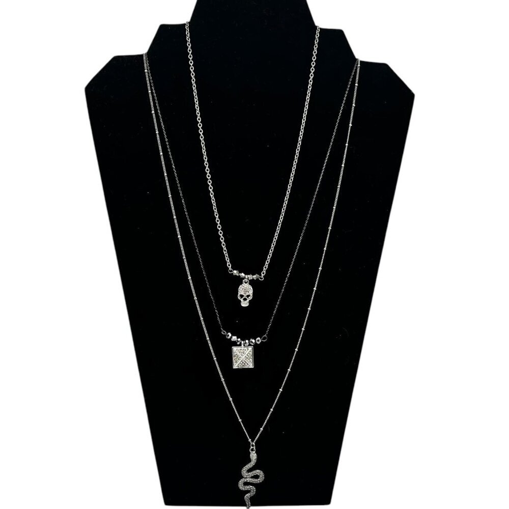 Target 3pc Layered Necklace‎ Set With Skull Snake & Square Charms Silver Tone